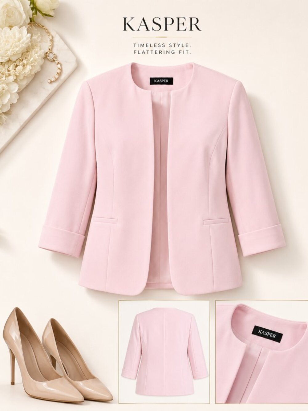 Kasper Plus Size Pink 3/4 Sleeve Open Front Blazer 24W NWT